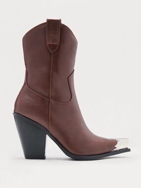 Western Brown Vegan Leather Cowboy Boots with Silver Toe Cap